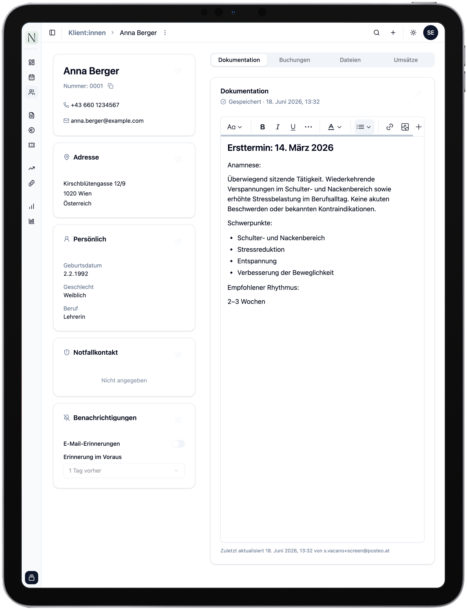 Neija Klient:innenprofil auf dem Tablet